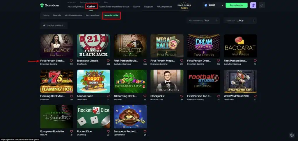 Jeux de table Gamdom Casino incluant blackjack, roulette, baccarat et créations de plusieurs fournisseurs