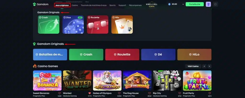 Jeux originaux exclusifs Gamdom Casino comme Crash, Dice, Roulette et Hilo multijoueurs
