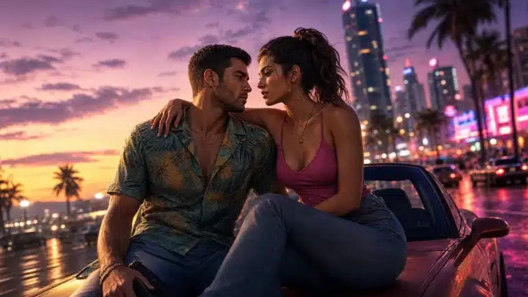 Capture d'ecran de GTA 6 montrant les protagonistes Jason et Lucia dans une scene de romance virtuelle