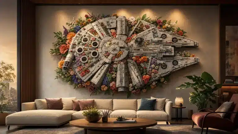 Tableau mural geant combinant le set LEGO Millennium Falcon UCS entoure de 58 boites de fleurs sauvages