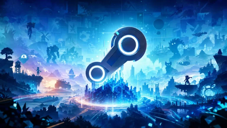 Interface de la plateforme Steam de Valve affichant son logo emblematique et sa bibliotheque de jeux