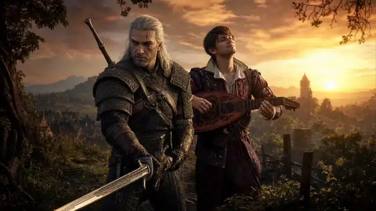 Geralt de Riv et Jaskier dans The Witcher 3: Wild Hunt - Songs of the Past, extension 2027